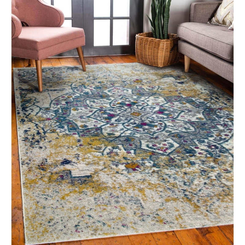 Area Rug Faded Medallion Pattern Blue Ivory Transitional Styling