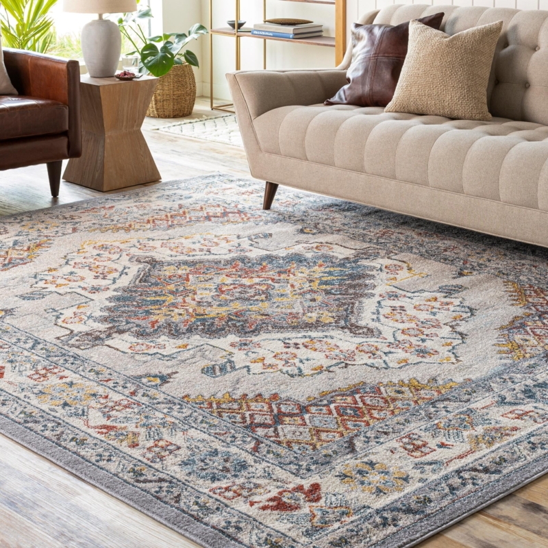 Area Rug Faded Medallion Pattern Cool Tone Palette Transitional