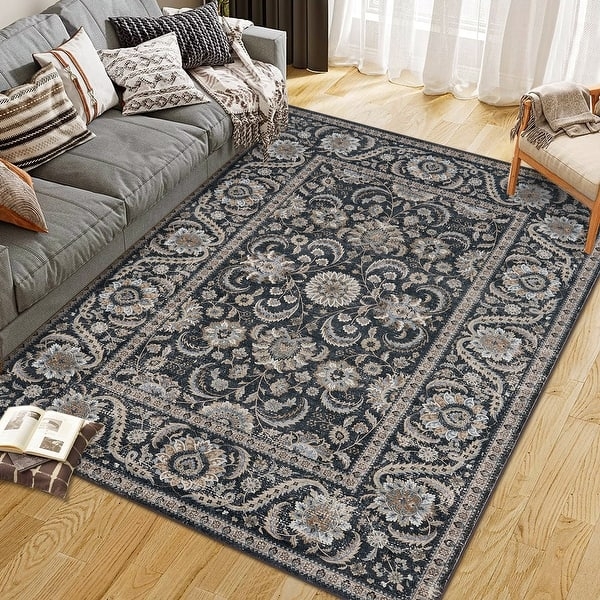 Area Rug Faded Medallion Pattern Gray Distressed Finish Modern Farmhouse