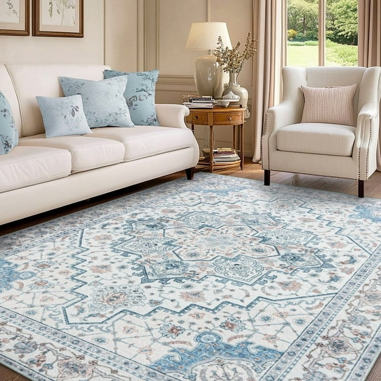 Area Rug Faded Oriental Medallion Ivory Washable Look Low Pile