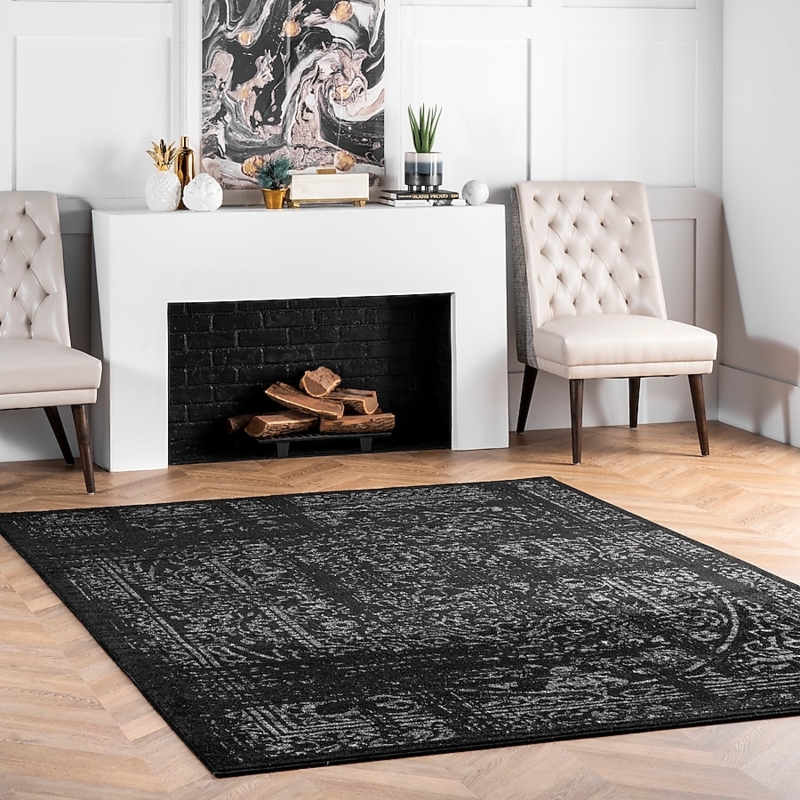 Area Rug Faded Vintage Look Medallion Pattern Charcoal Palette Transitional
