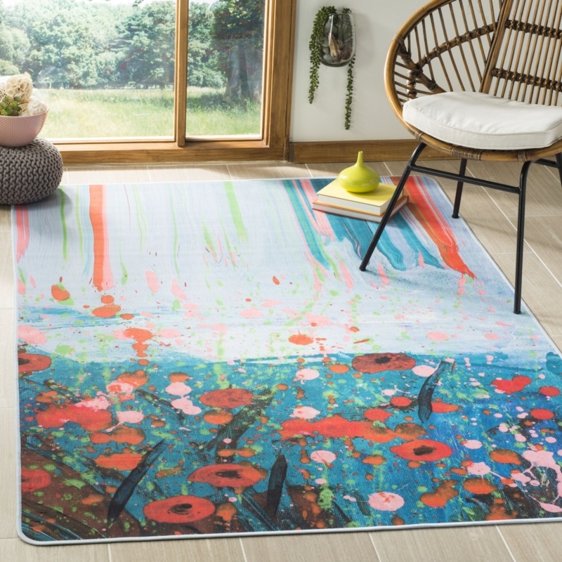 Area Rug Faded Vintage Look Teal Orange Palette Mid Century Modern