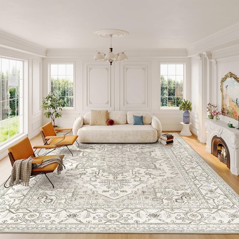Area Rug, Faded Vintage Print, Boho Transitional Living Room Styling