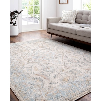 Area Rug Faded Vintage Style Medallion Pattern Navy Cream Palette