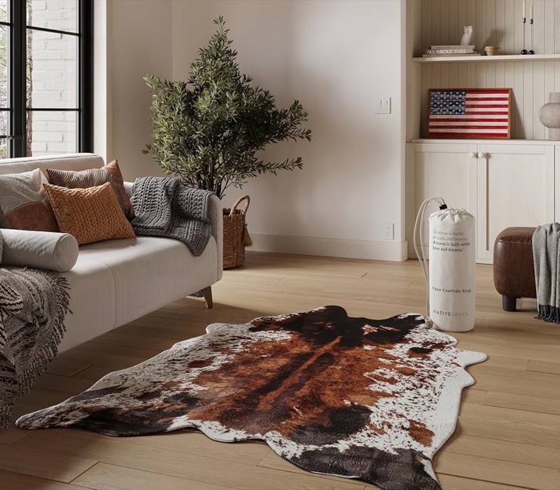 Area Rug Faux Cowhide Organic Shape Low Pile Cream And Brown Area Rug
