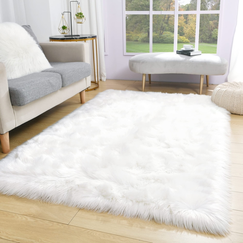 Area Rug Faux Sheepskin Pelt Shape Washable Bedroom Rug Style