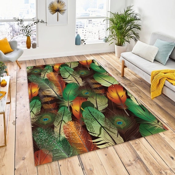 Area Rug Feather Pattern Cream Teal Coral Boho Tropical Living Room Rug