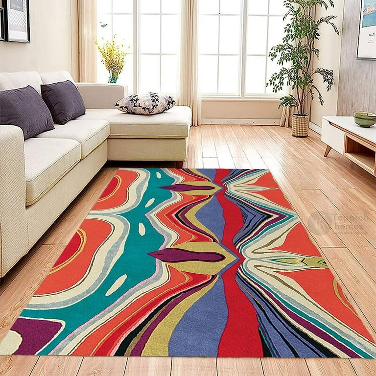 Area Rug featuring Bold Geometric Blocks in Grey and Cream Wool.