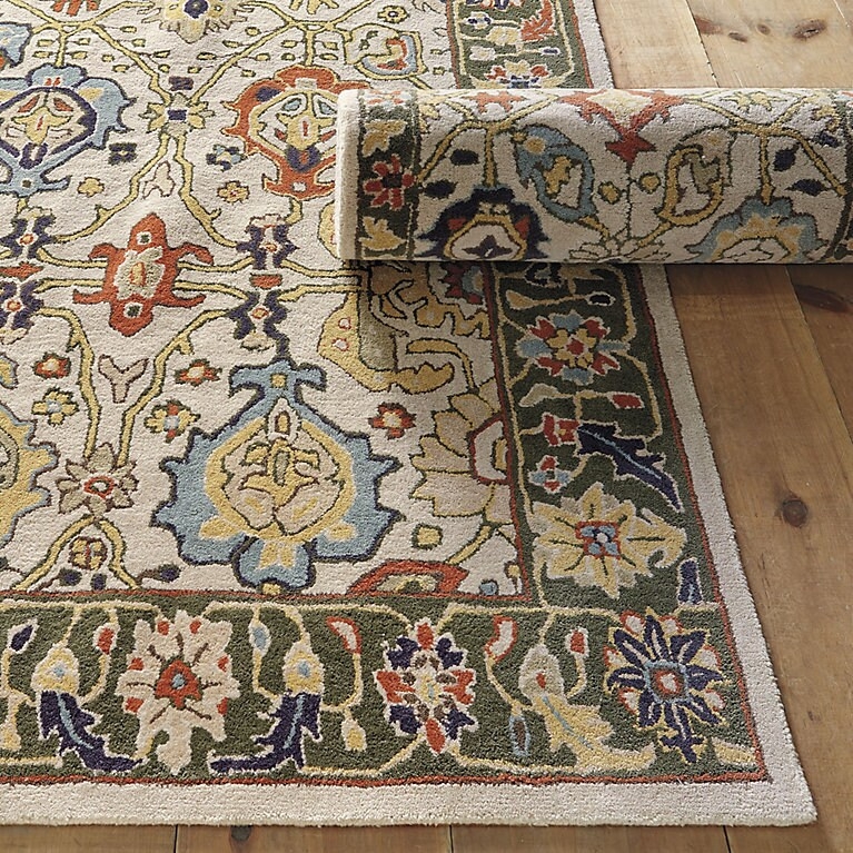 Area Rug featuring Faded Persian Motif in Muted Blue and Cream Wool.