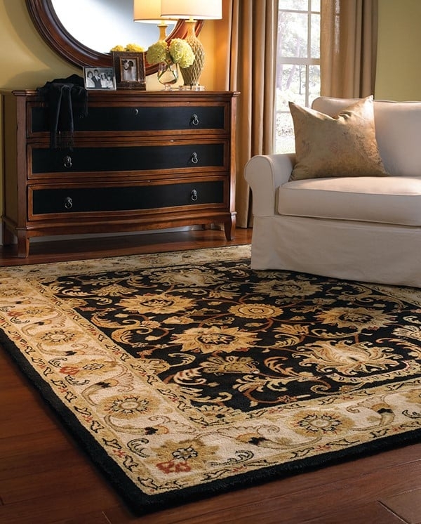 Area Rug featuring Gilded Medallion Pattern on Onyx Black Base.
