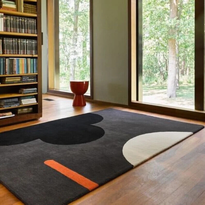 Area Rug featuring Oversized Roses Pattern on Navy Blue Wool Base.