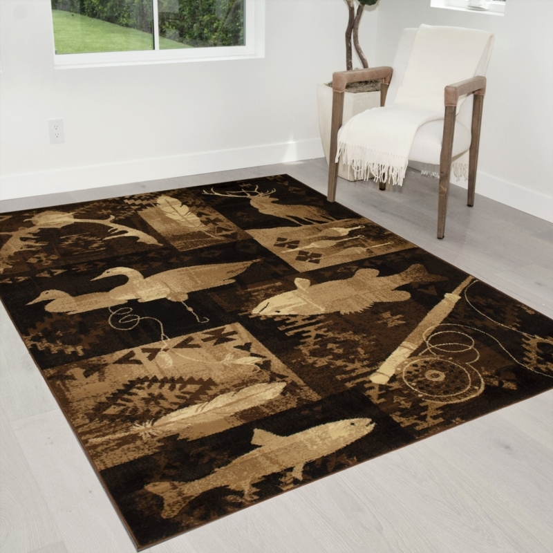 Area Rug Fishing Tool Motifs Wildlife Border Lodge Theme
