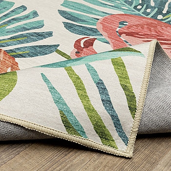 Area Rug Flamingo Motif Navy Blue Pink Flat Weave Outdoor Area Rug