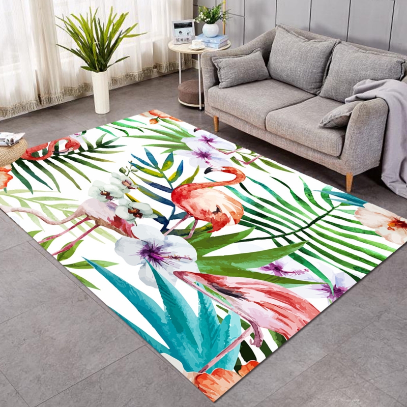 Area Rug Flamingo Print Teal Pink Low Pile Vibrant Palm Leaf Floor Mat