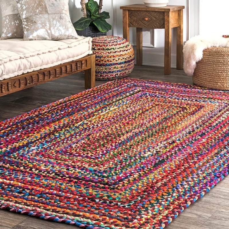 Area Rug Flatweave Braided Multicolored Chindi Bohemian Square