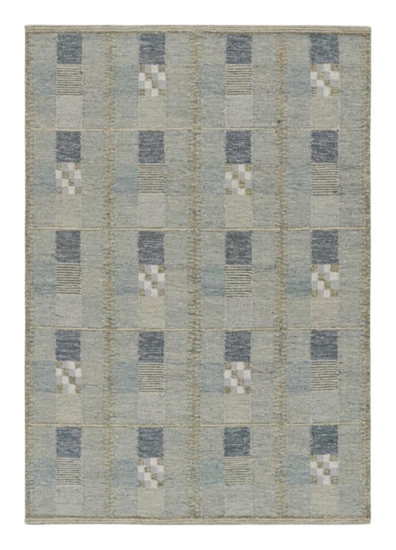 Area Rug Flatweave Geometric Grid Pattern Gray Blue Kilim Weave Decor