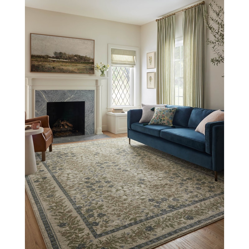 Area Rug Floral Border Botanical Motifs Cream Field Transitional