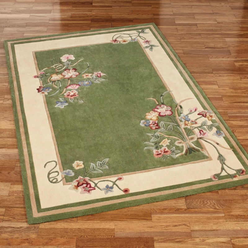 Area Rug Floral Bouquet Center, Deep Sage Base, Wide Border, Victorian Style