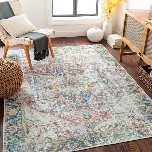 Area Rug Floral Medallion Design Sage Green Cream Traditional Washable
