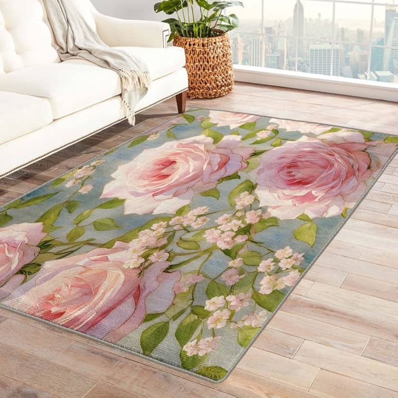 Area Rug Flower Shaped, Rose Motif, Pink Low Pile, Romantic Feminine Aesthetic