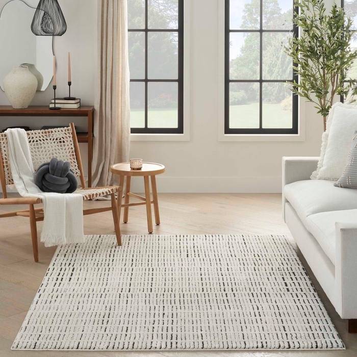 Area Rug Fluid Line Pattern High Contrast Ivory Black Minimalist.