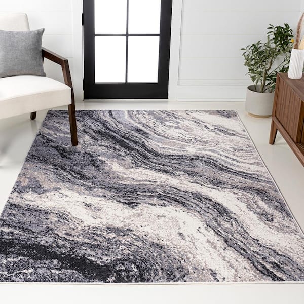 Area Rug Fluid Lines High Contrast Palette Charcoal Cream Marble Pattern Rug