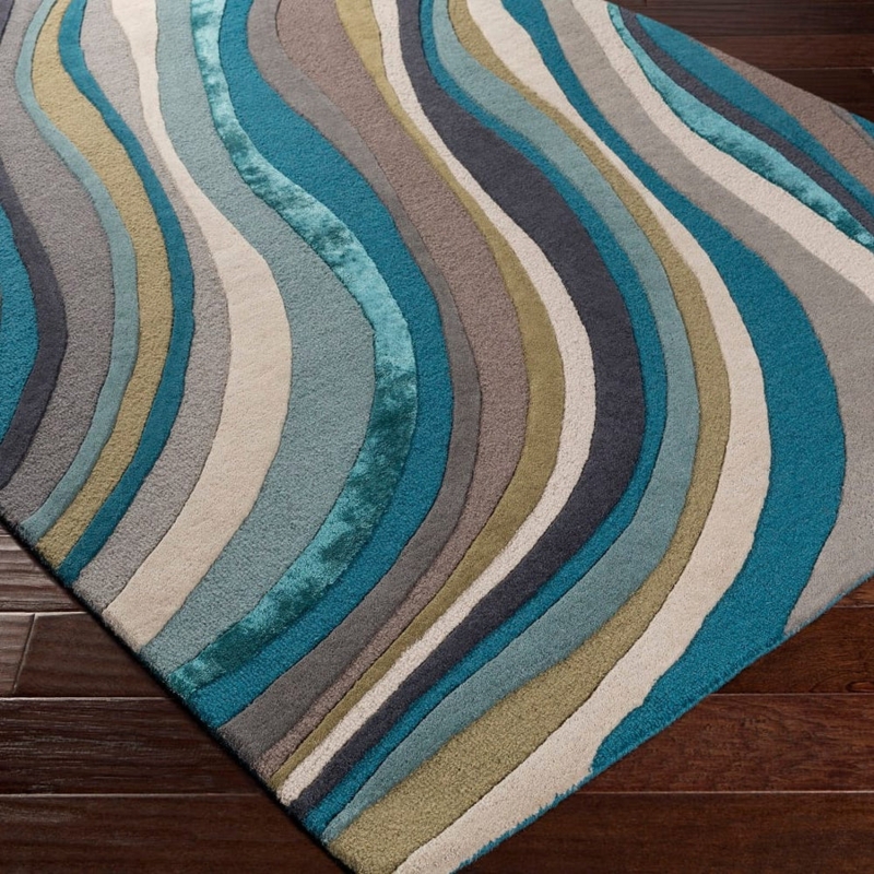 Area Rug Fluid Wave Motif Teal and Taupe High Low Pile Contemporary