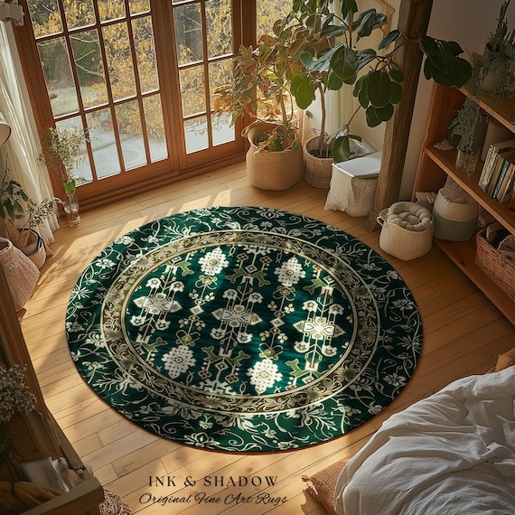 Area Rug Forest Green Faded Oriental Botanical Rustic Cottagecore