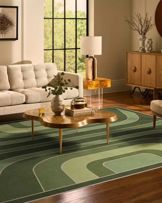 Area Rug Forest Green Palette Abstract Lines Cream Contemporary Matte