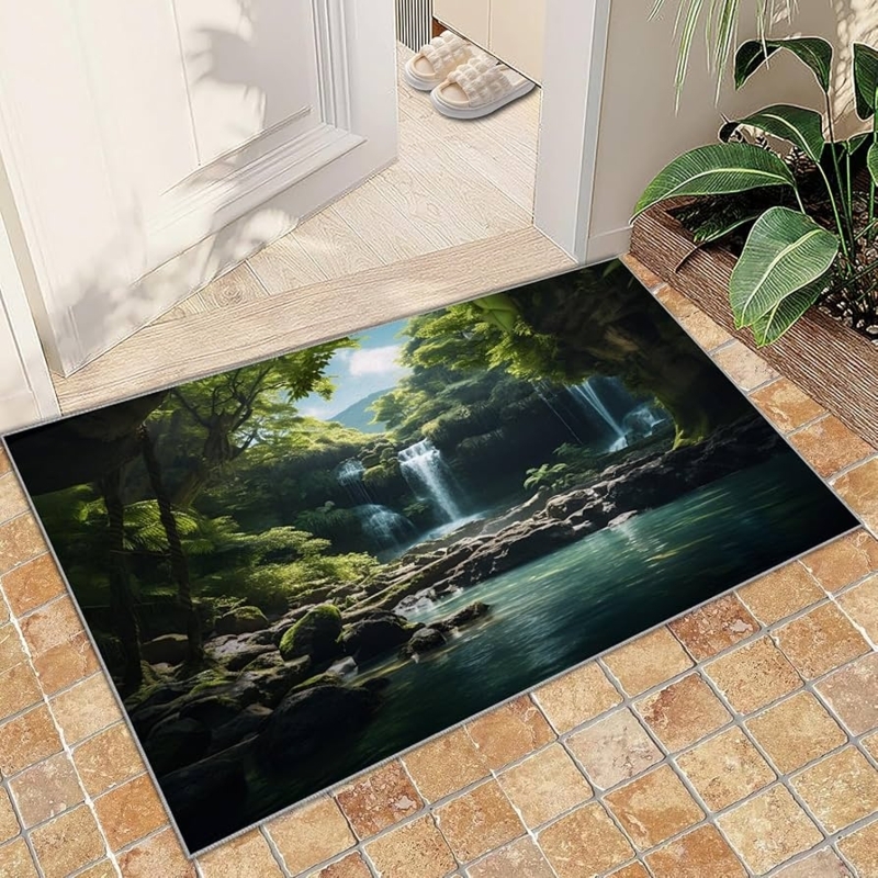 Area Rug Forest Scenery Waterfall Photorealistic Low Pile