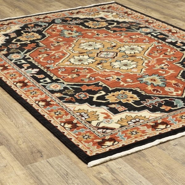 Area Rug Fringed Edges Black Ground Medallion Pattern Traditional