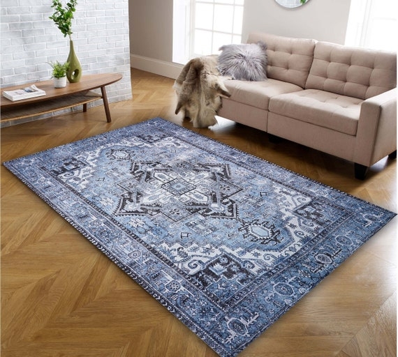 Area Rug Fringed Edges Dusty Blue Tribal Geometric Low Pile Boho