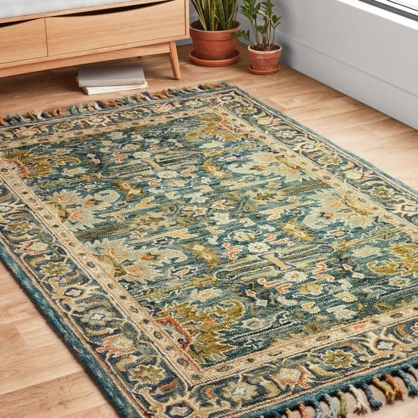 Area Rug Fringed Ends Navy Blue Field Medallion Boho Floral