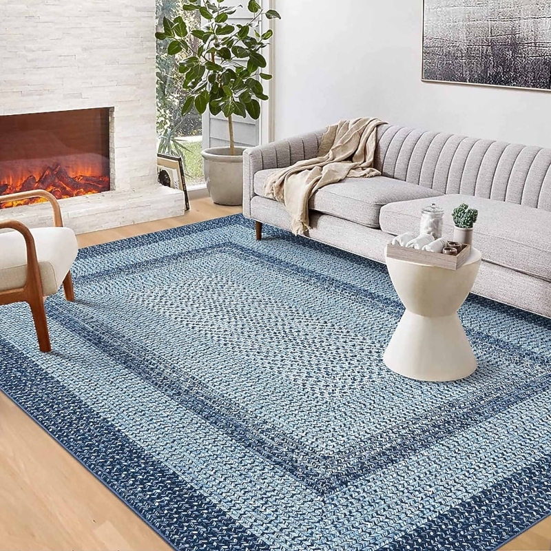 Area Rug Geometric Arc Pattern Light Blue Navy Low Pile Modern