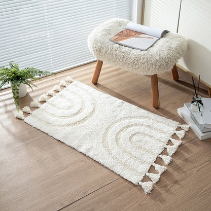 Area Rug Geometric Diamond Weave Tasseled Fringe Neutral Palette Boho