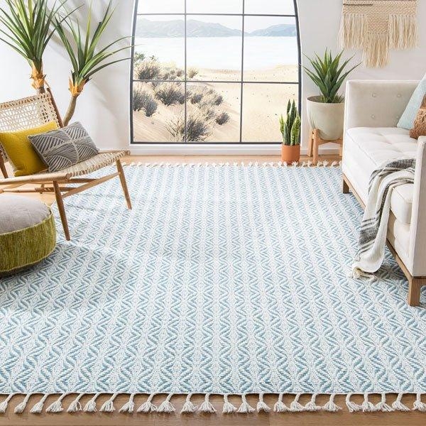 Area Rug Geometric Lattice Pattern Fringe Trim Coastal Trellis