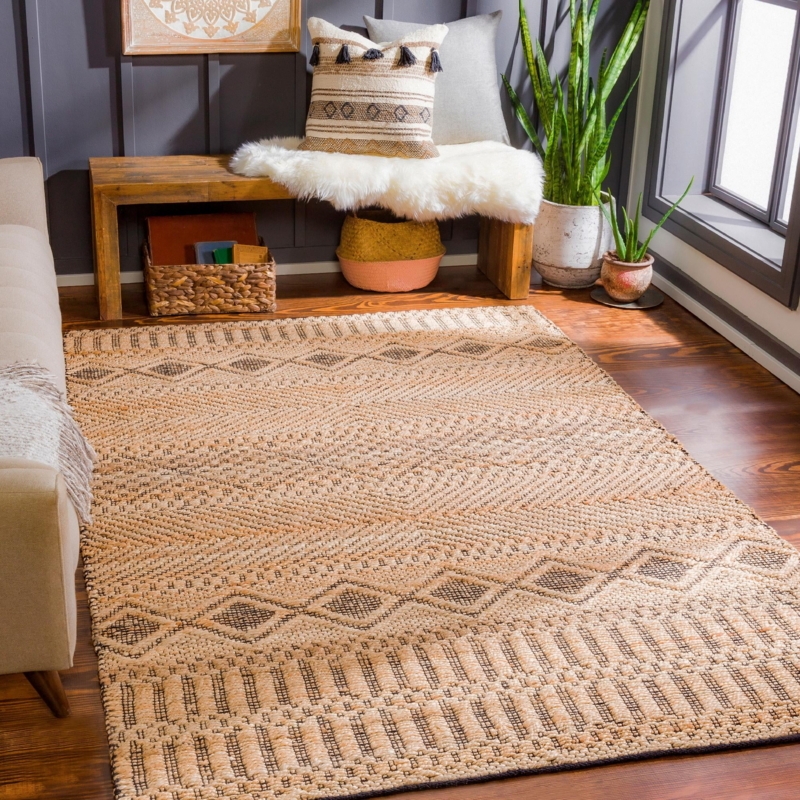 Area Rug Geometric Lattice Pattern Tan Cream Neutral Boho Living Room