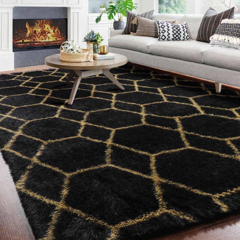 Area Rug Geometric Line Pattern Shaggy High Pile Black Plush Glam