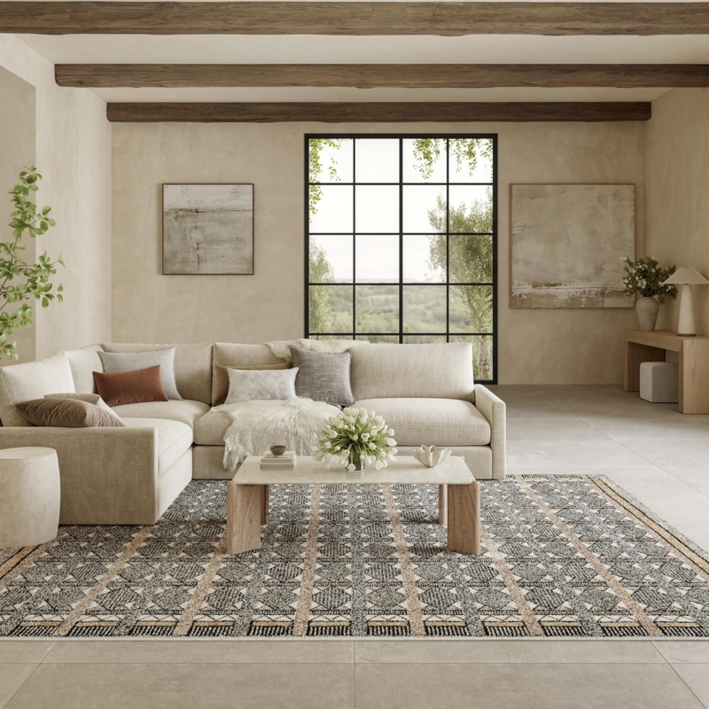Area Rug Geometric Linear Triangles on Ivory Base, Minimalist Decor