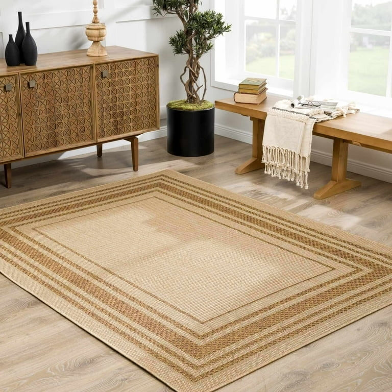 Area Rug Geometric Lines Outdoor Safe Clay Flatweave Modern Patio