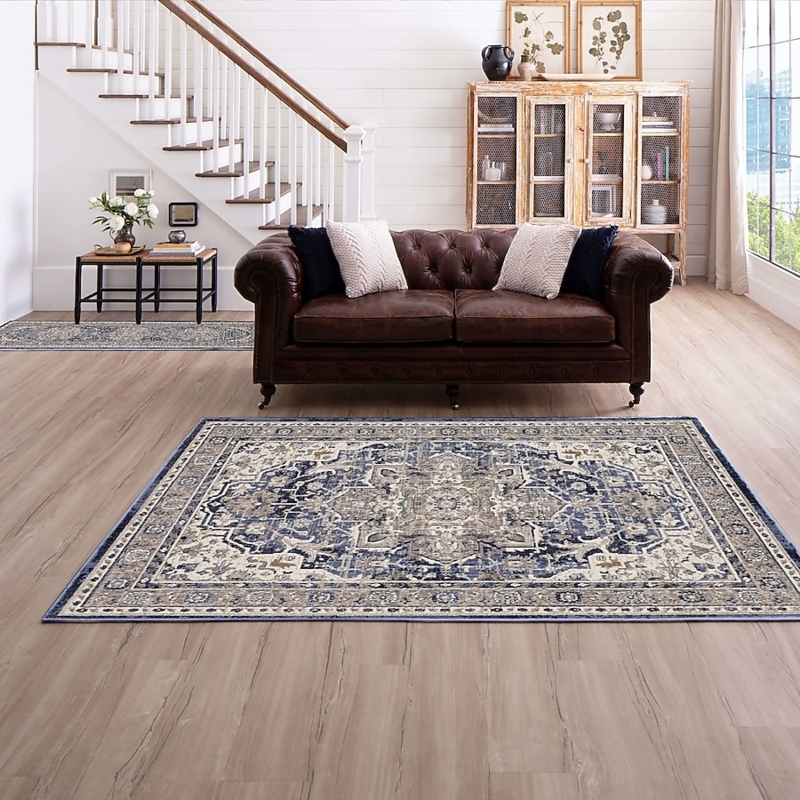 Area Rug Geometric Medallion Faded Blue Wash Weathered French Country