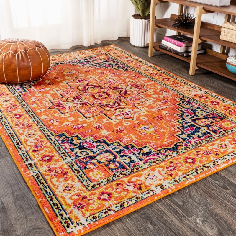 Area Rug: Geometric Medallion Motif, Transitional Orange Blue Contrast