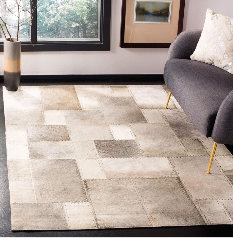 Area Rug Geometric Patchwork Leather Charcoal Grey Mid Century