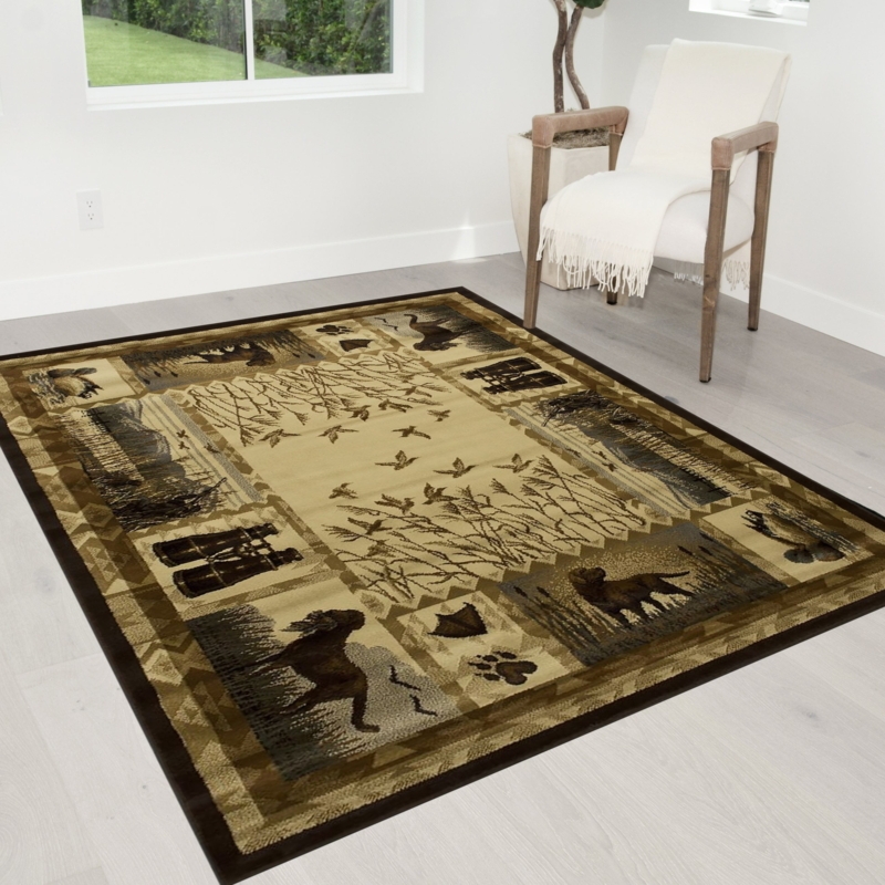 Area Rug Geometric Patchwork Wildlife Motifs Burgundy Green Lodge