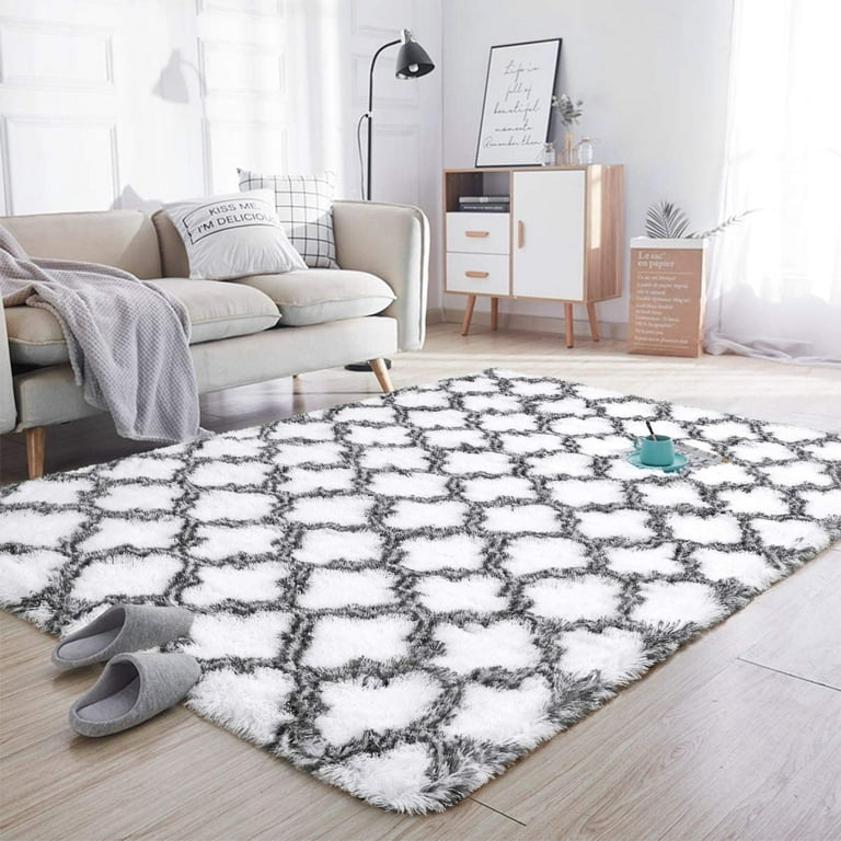 Area Rug Geometric Shag Texture Cozy High Pile White