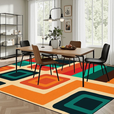 Area Rug Geometric Swirl Pattern Navy Cream Colorway Retro 60s Style