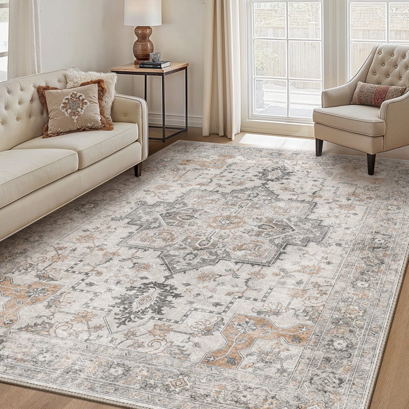 Area Rug Global Earthy Neutral Tones Washable Low Pile Bohemian