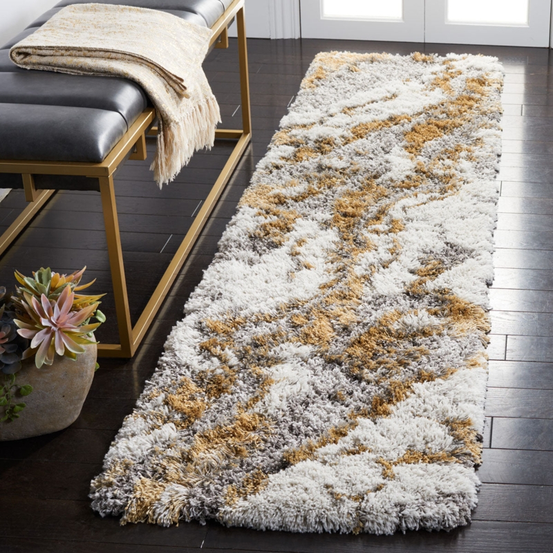 Area Rug Gold Abstract Lines High Pile Modern Gray And Gold Shag Rug