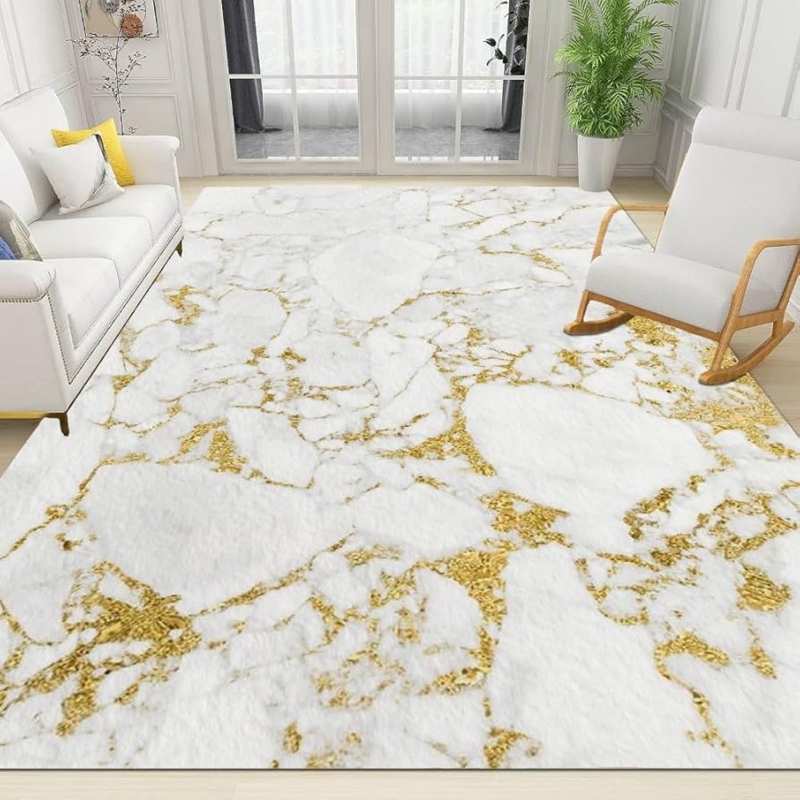 Area Rug Gold Foil Accents Marble Pattern White Modern Glam Flooring