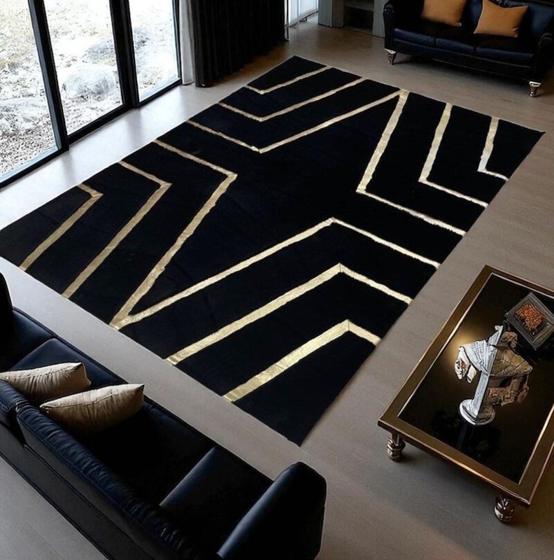 Area Rug Gold Geometric Lines Faux Fur Polished Finish Rug